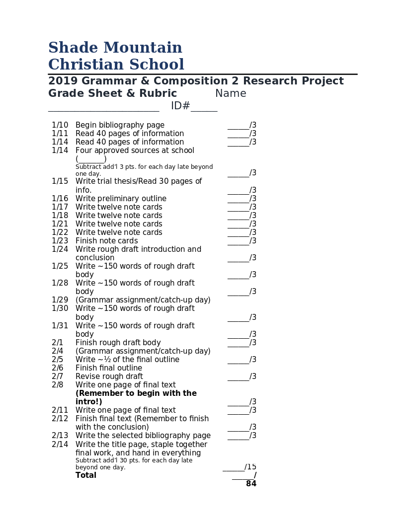 rubric for research project grade 7