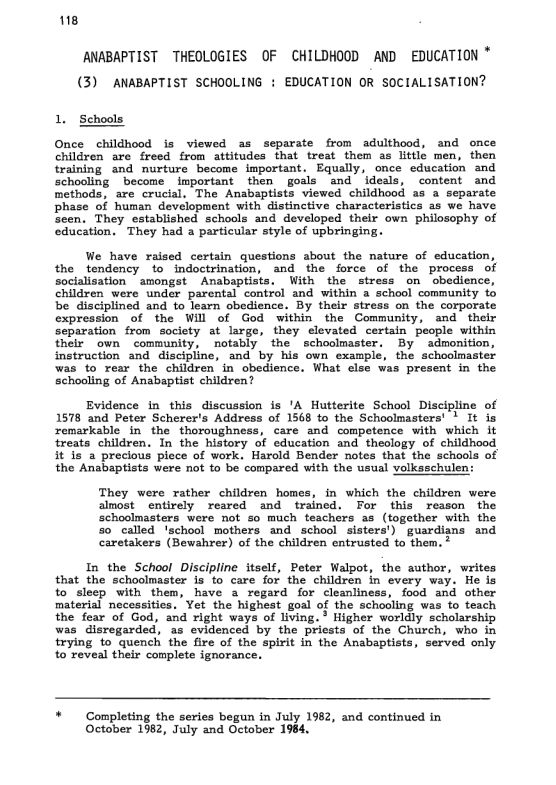 Anabaptist Schooling: Education or Socialisation?