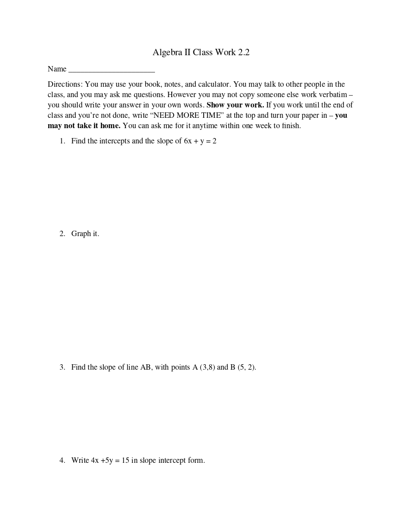 Algebra 2 Class Work 2.2
