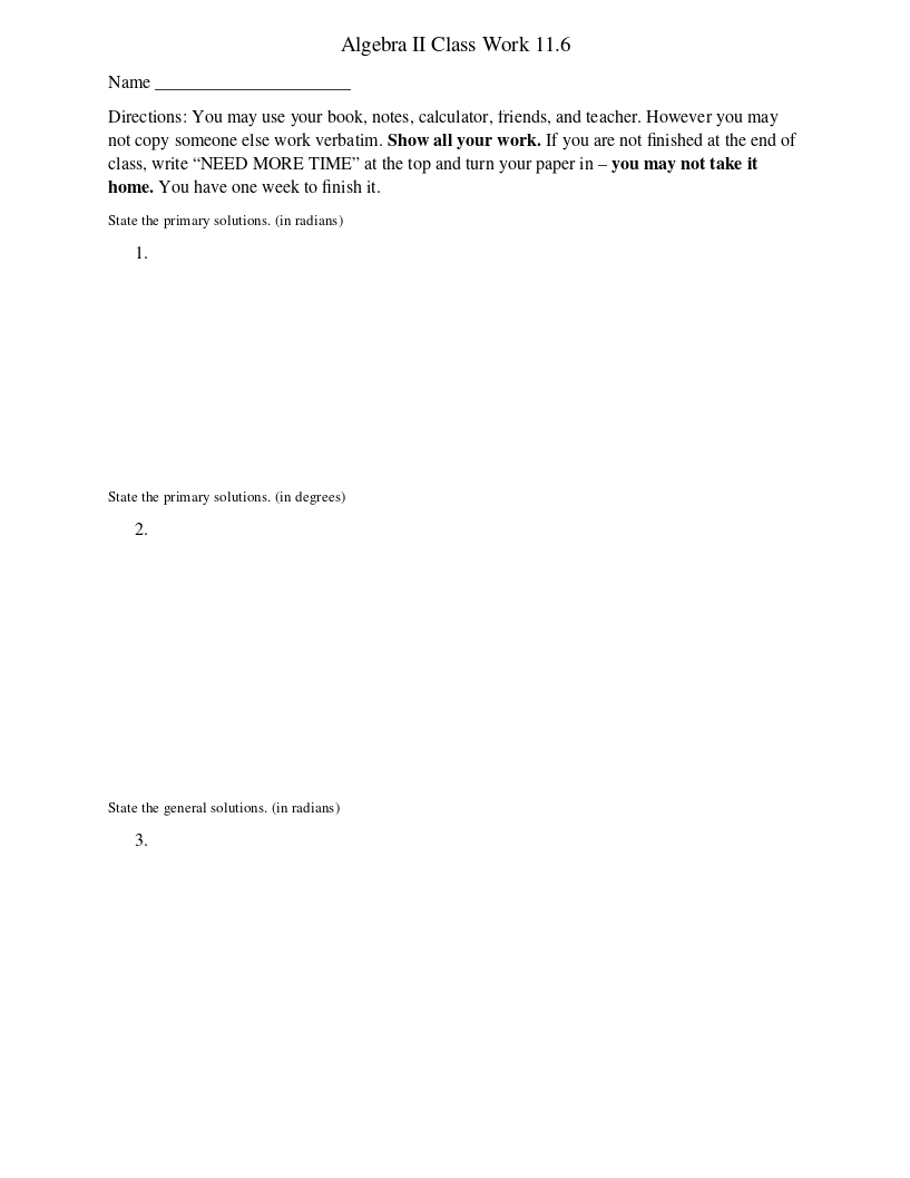 Algebra 2 Class Work 11.6