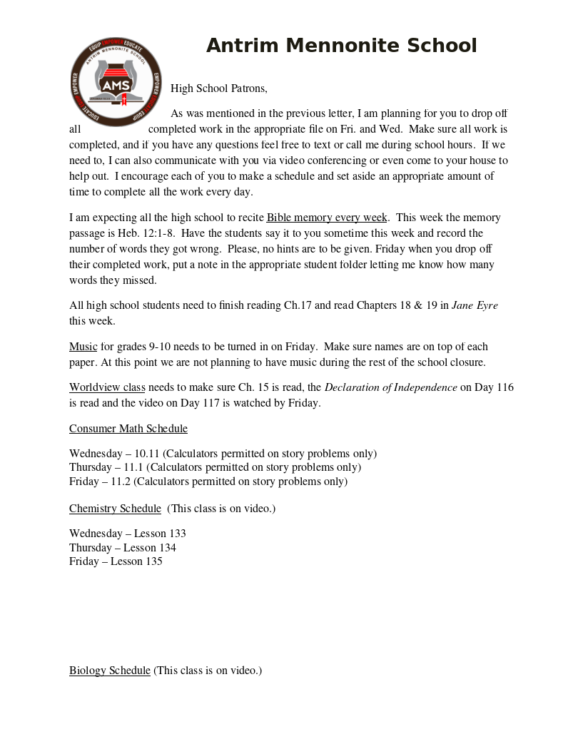 High School Assignments during COVID-19 Break (Antrim)