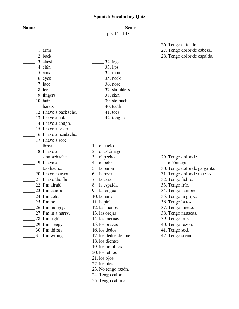 Spanish 1 Class Subjects Vocab. - ProProfs Quiz