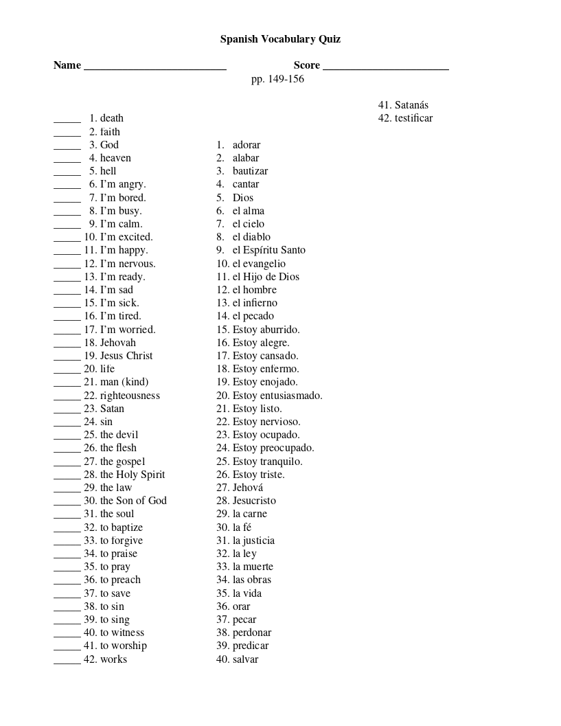 Spanish 1 Class Subjects Vocab. - ProProfs Quiz