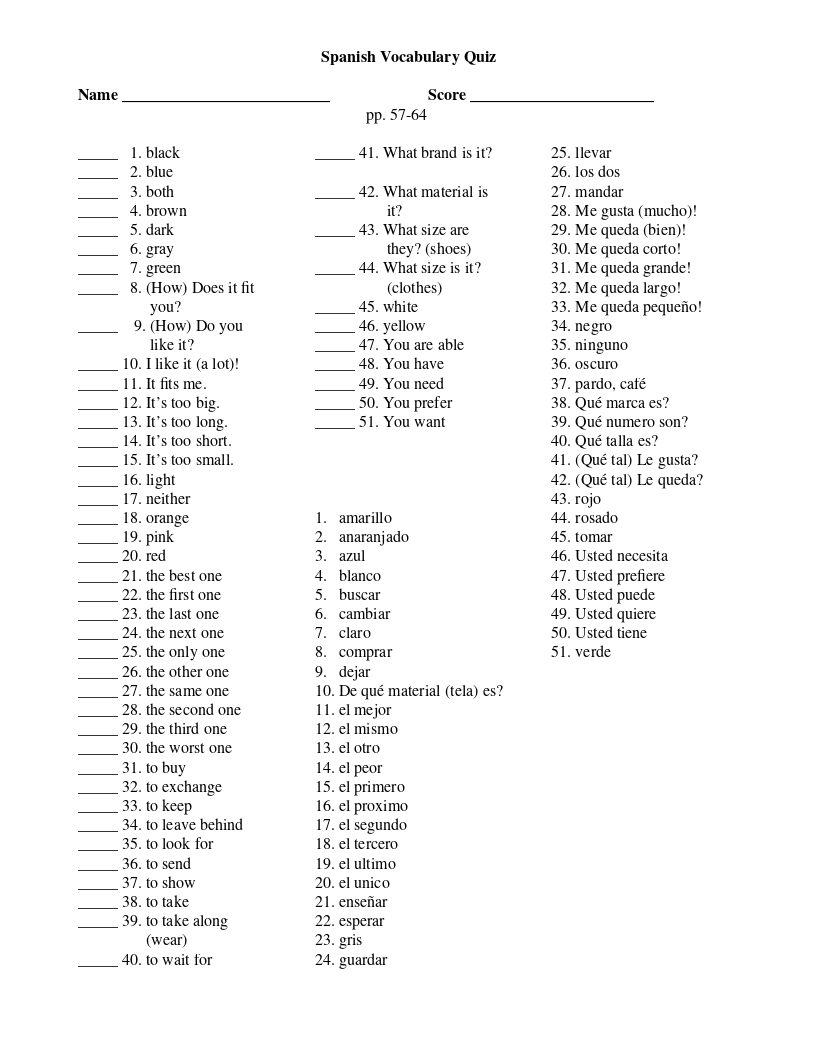 Spanish 1 Class Subjects Vocab. - ProProfs Quiz