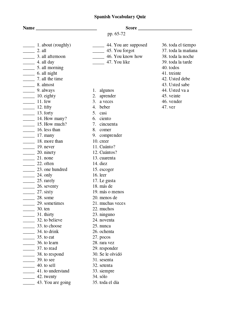 Spanish 1 Class Subjects Vocab. - ProProfs Quiz